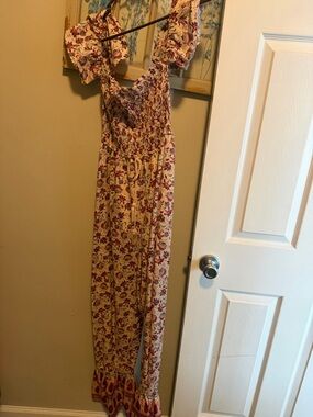 Floral Smocked Maxi Dress Jumpsuit in Cream and Burgundy